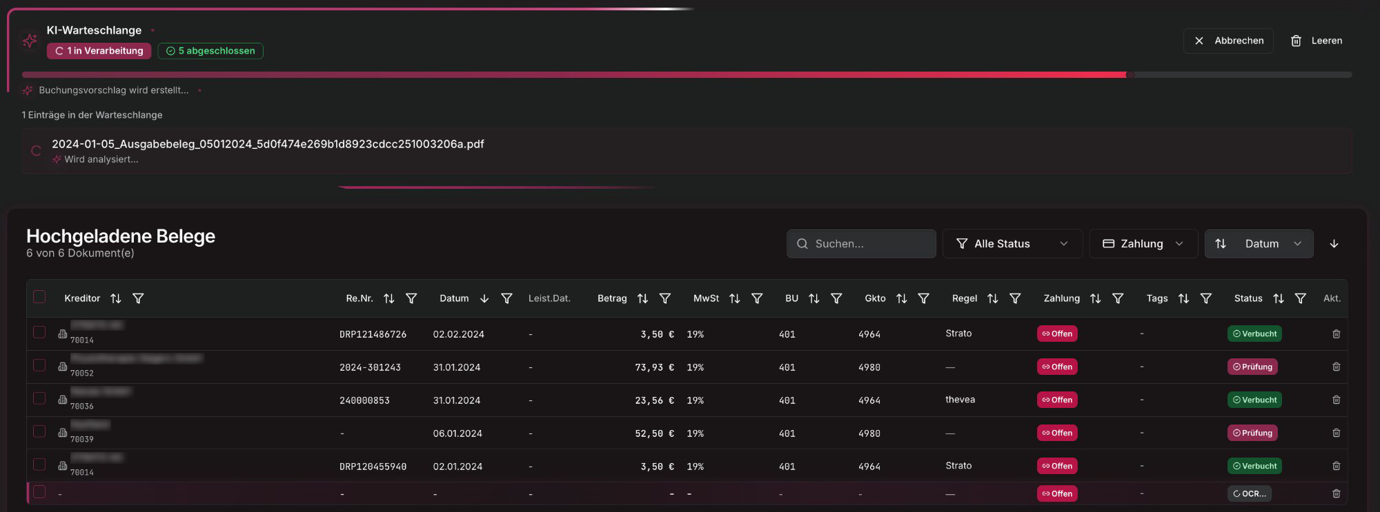 Belegübersicht mit KI-Warteschlange